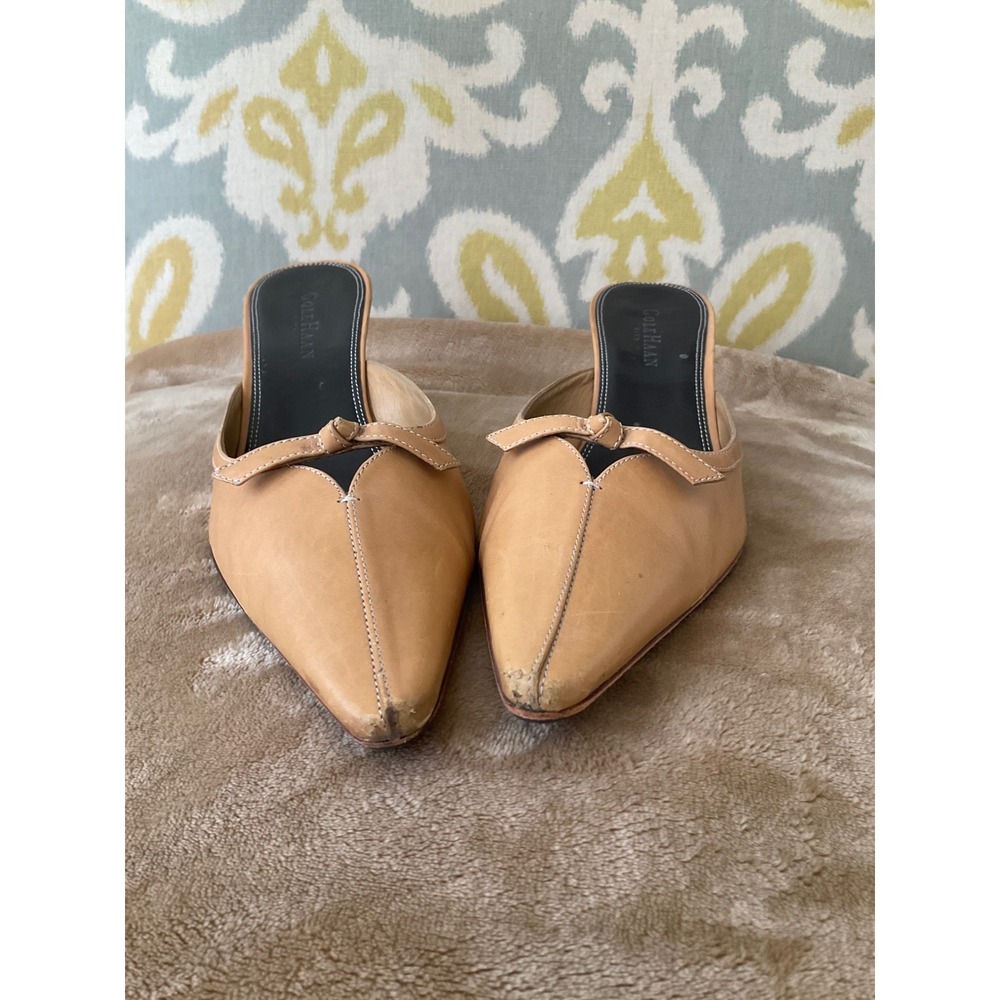Cole Haan Womens Tan Leather Pointed Toe Bow Mule Heels Size 8 B